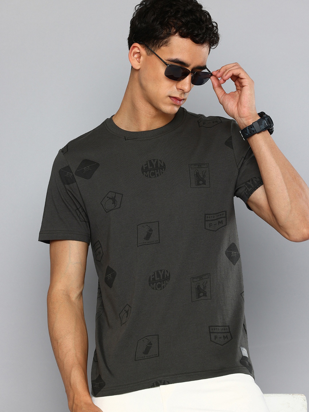 

Flying Machine Graphic Printed Pure Cotton T-shirt, Grey