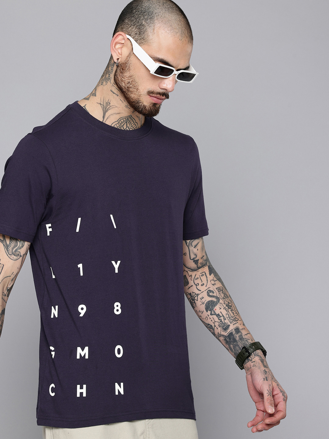 

Flying Machine Typography Printed Pure Cotton T-shirt, Navy blue