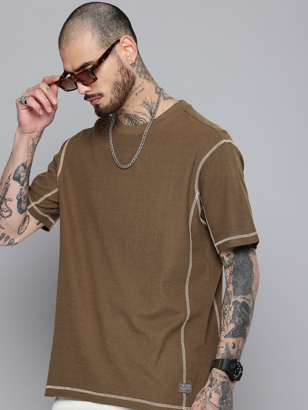 

Flying Machine Drop-Shoulder Sleeves Relaxed Fit Pure Cotton T-shirt, Olive