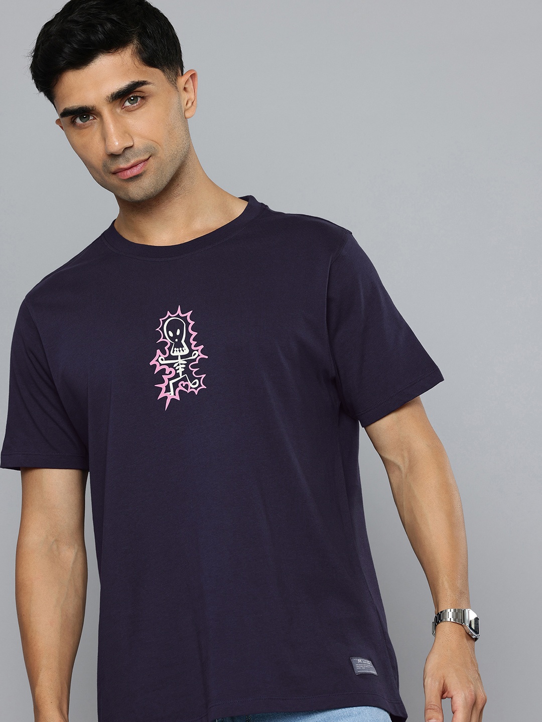 

Flying Machine Printed Pure Cotton T-shirt, Navy blue