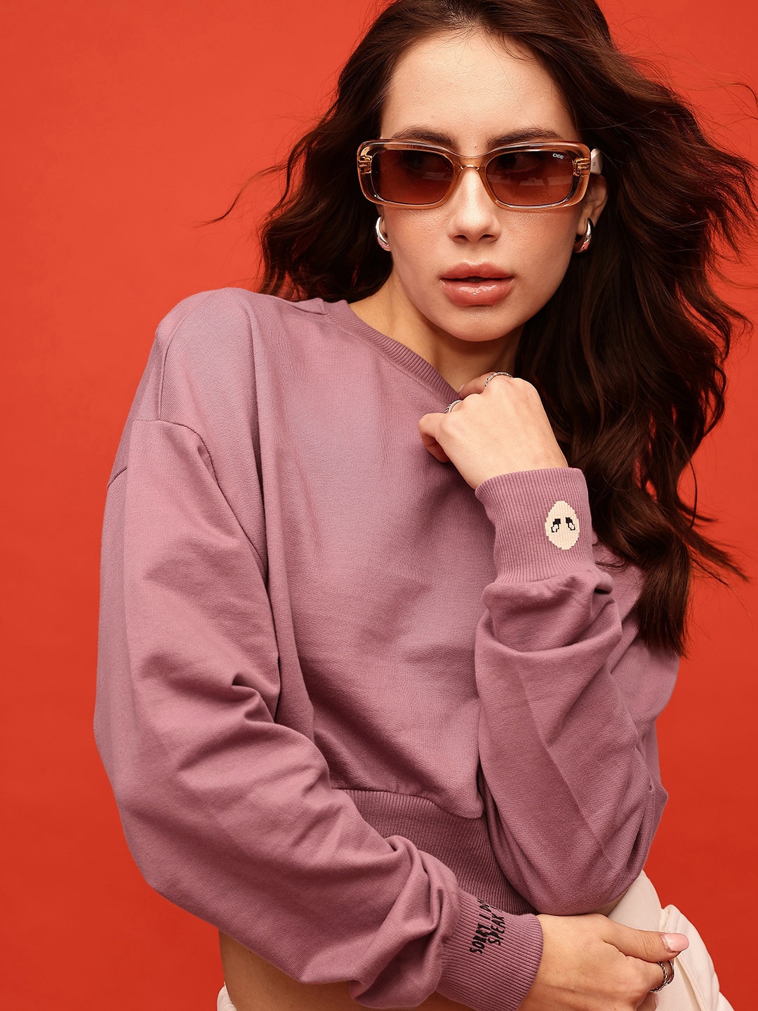 

glitchez Street Style Cotton Terry Oversized Crop Sweatshirt, Mauve