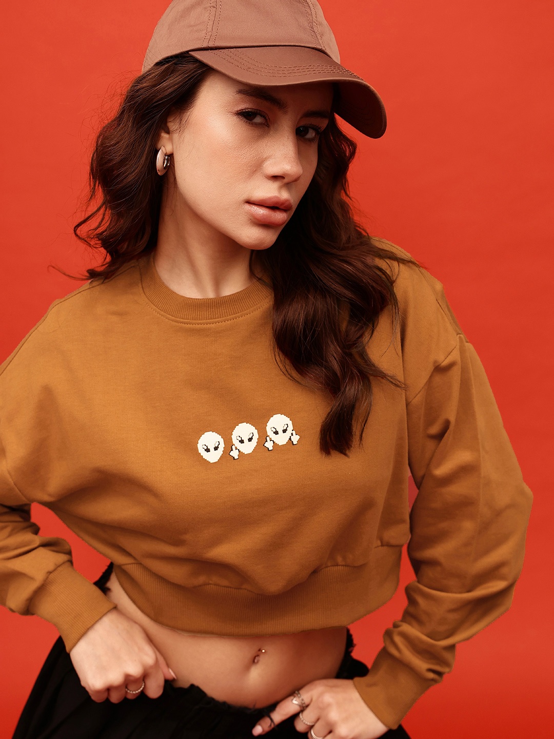 

glitchez Street Savvy Printed Cotton Terry Oversized Crop Sweatshirt, Brown