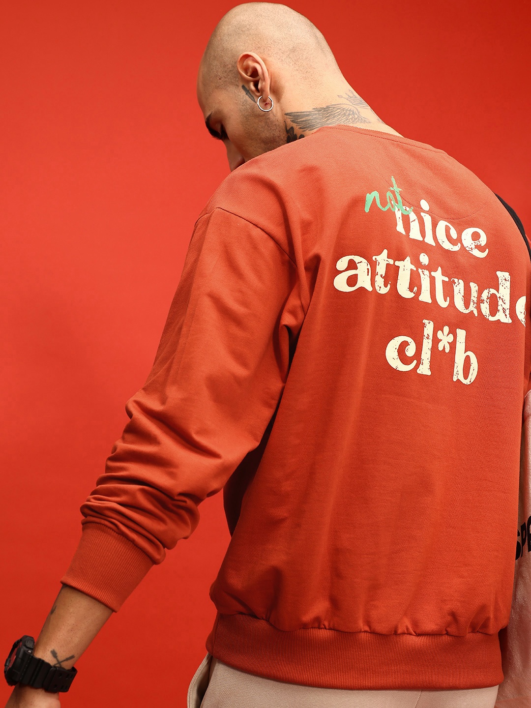 

glitchez Swag Cool Typography Printed Cotton Terry Oversized Fit Sweatshirt, Rust