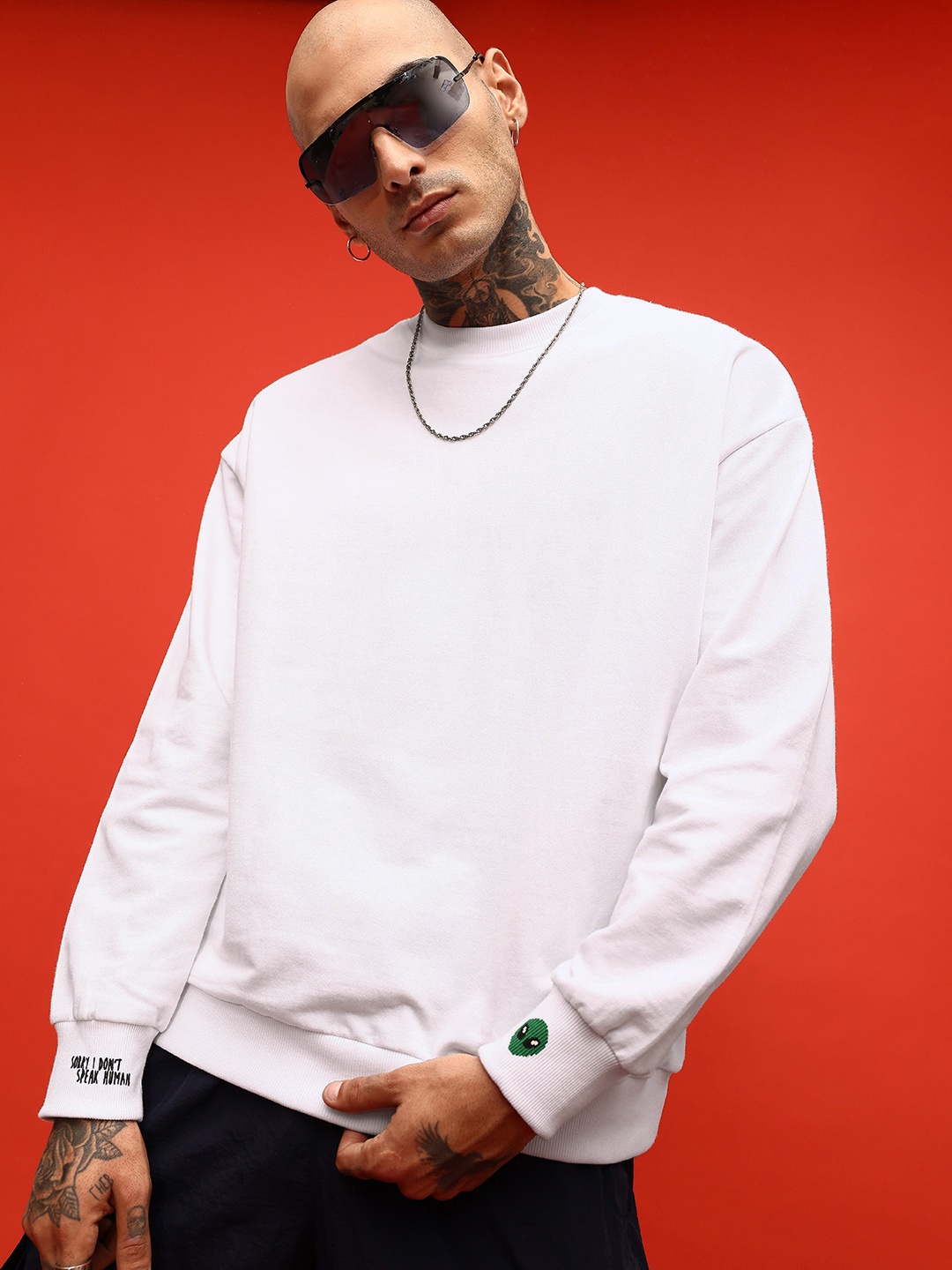 

glitchez Timeless Swag Minimal Printed Cotton Terry Oversized Fit Sweatshirt, White