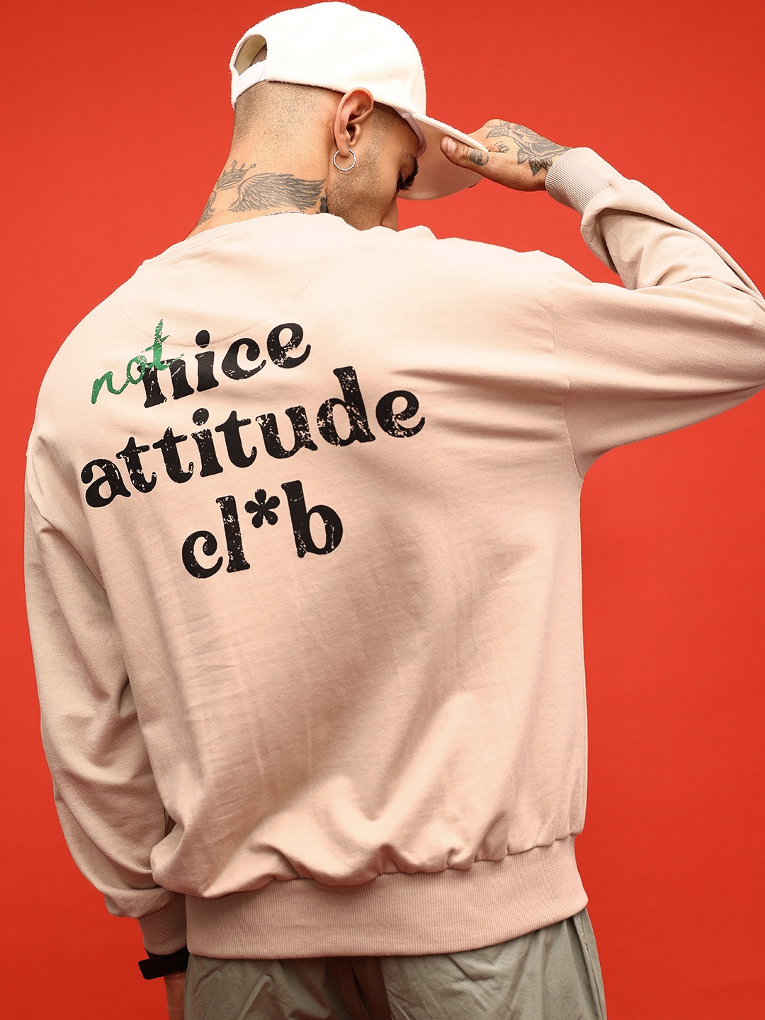 

glitchez Trendy Swag Typography Printed Cotton Terry Oversized Fit Sweatshirt, Beige