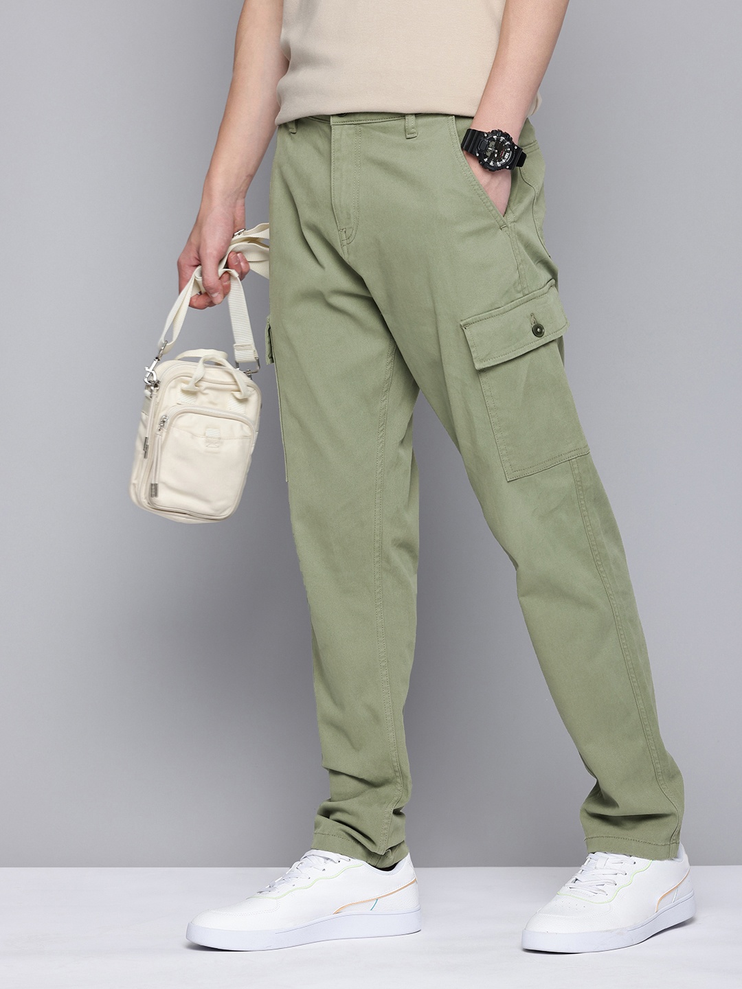 

Flying Machine Men Relaxed Tapered Fit Cargos Trousers, Olive