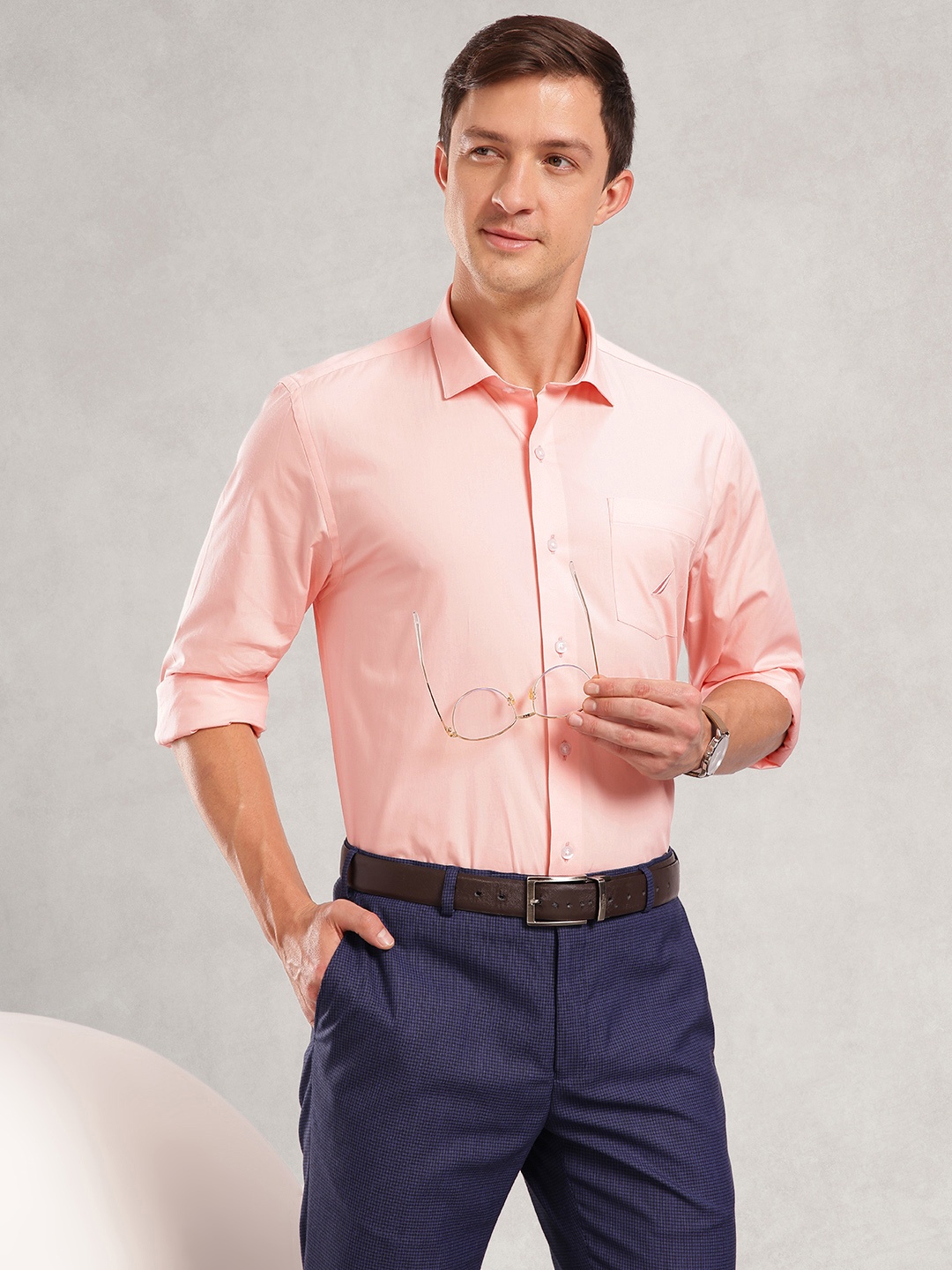 

Nautica Men Premium Slim Fit Pure Cotton Formal Shirt, Peach