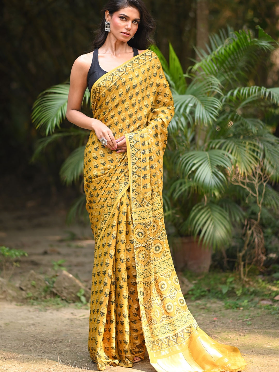 

Unnati Silks Ajrak Printed Pure Silk Saree, Yellow
