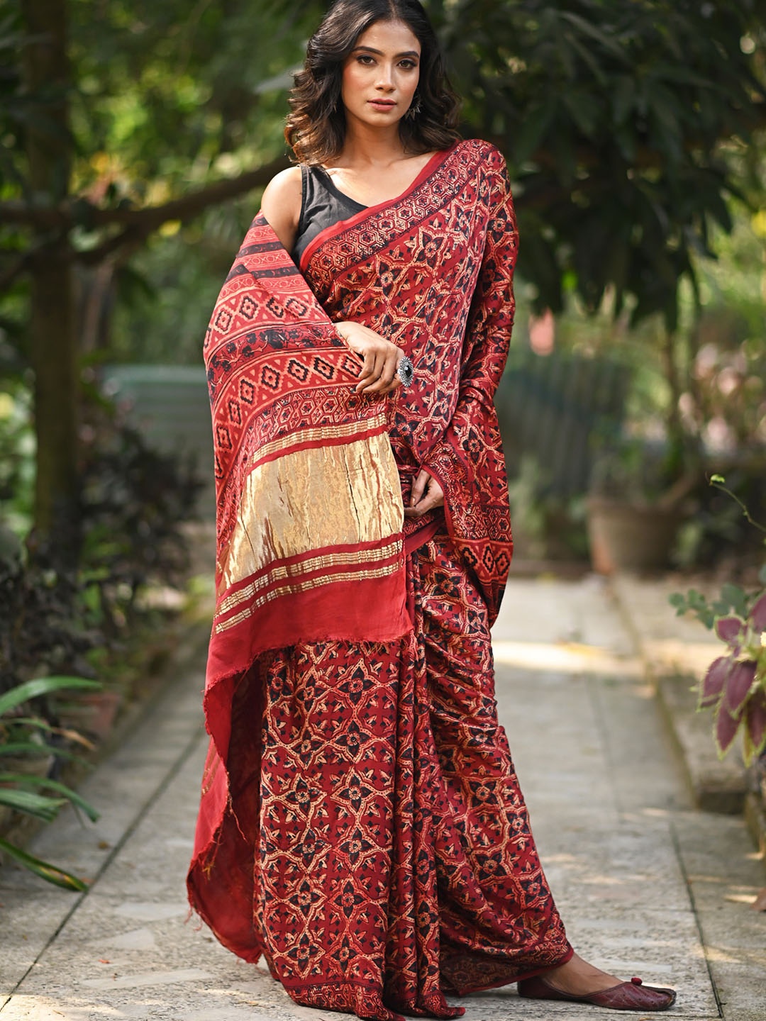 

Unnati Silks Ajrak Block Pure Silk Block Print Saree, Red