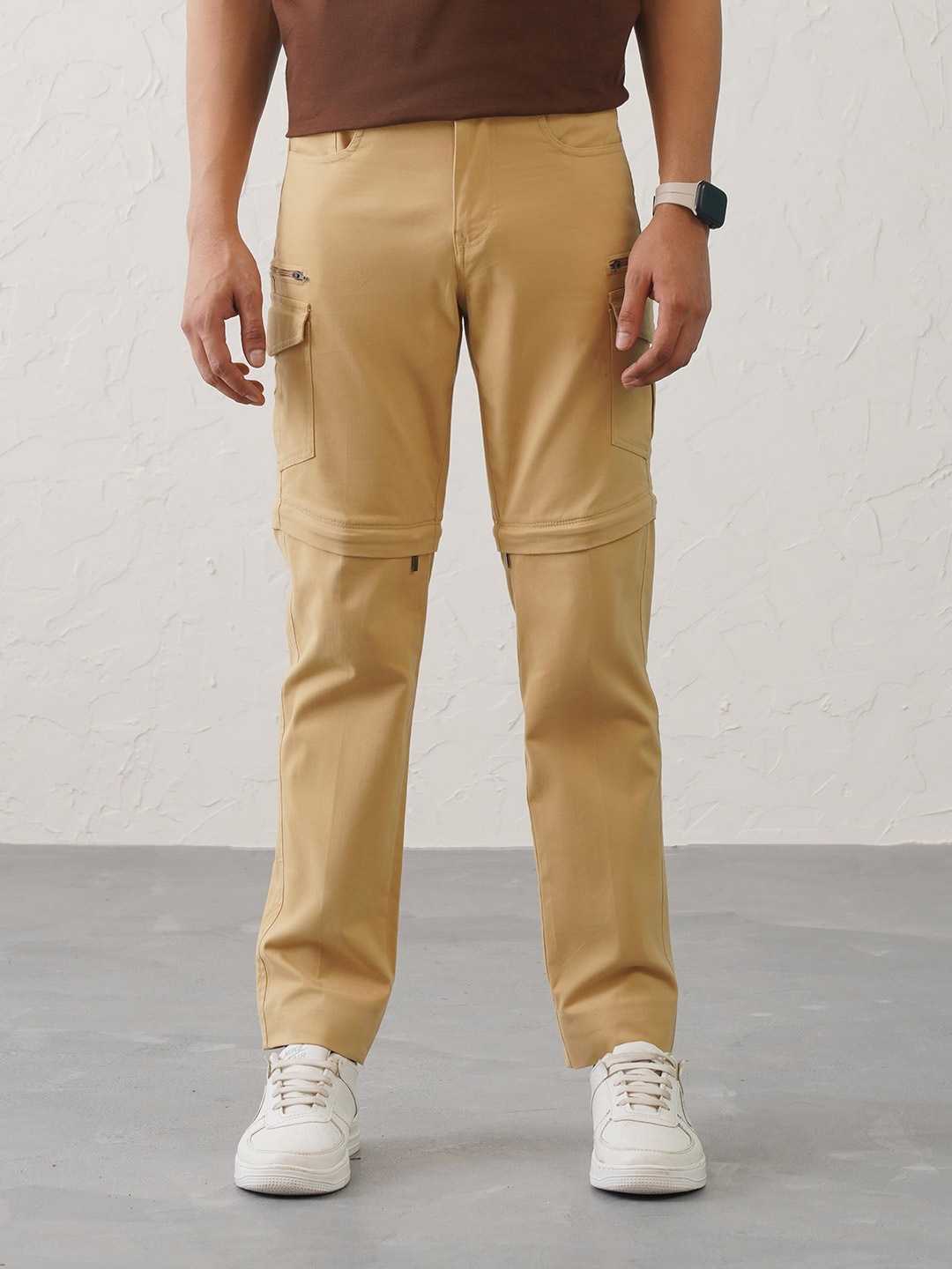 

Minus One Men Regular Fit Cargos Mid-Rise Detachable Cotton Trousers, Khaki