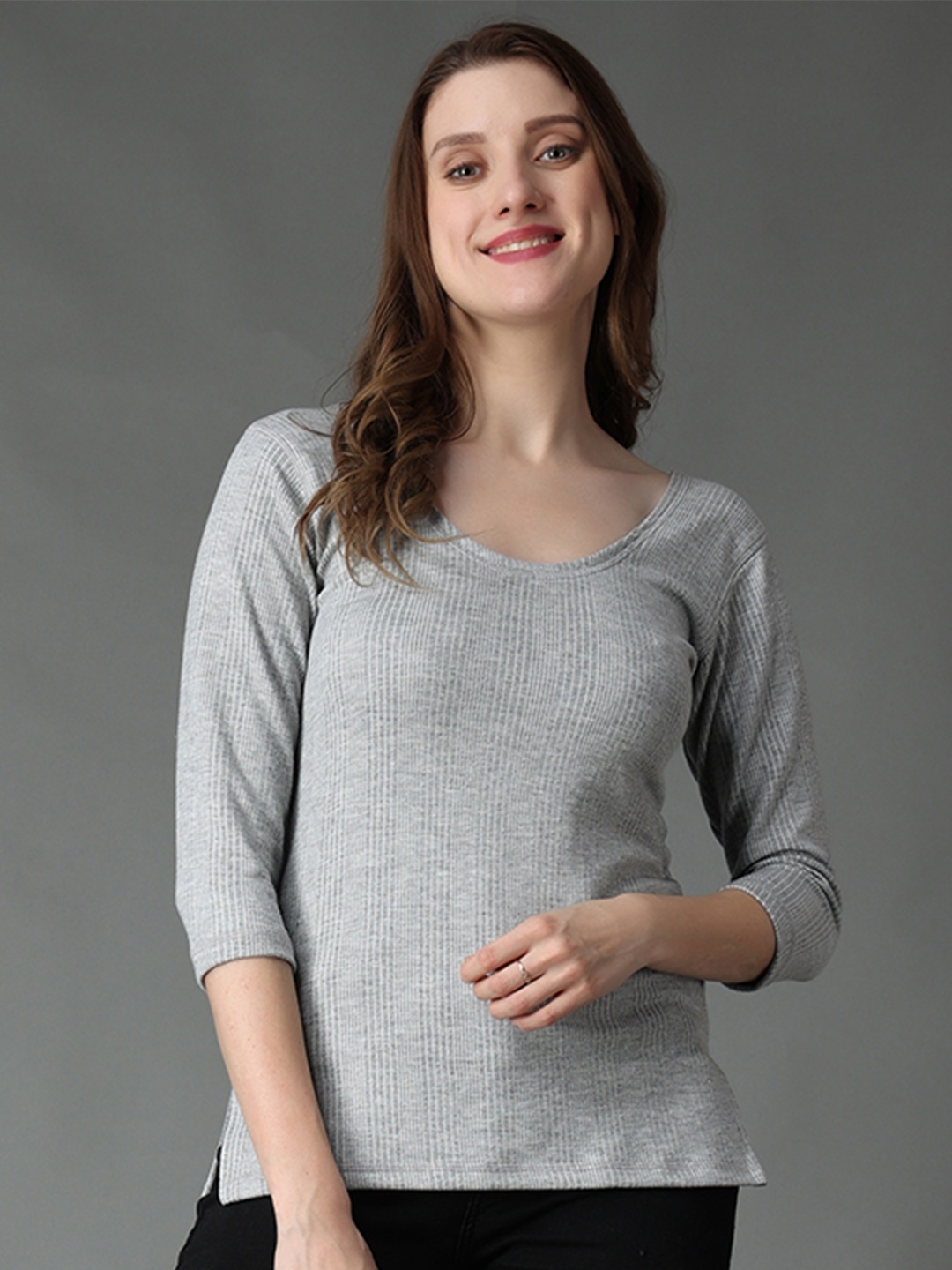 

Wearslim Women Ribbed Cotton Round Neck Thermal Top, Grey
