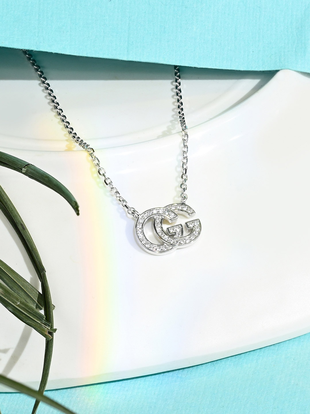 

TOUCH925 Silver Cubic Zirconia Studded GG Minimal Chain