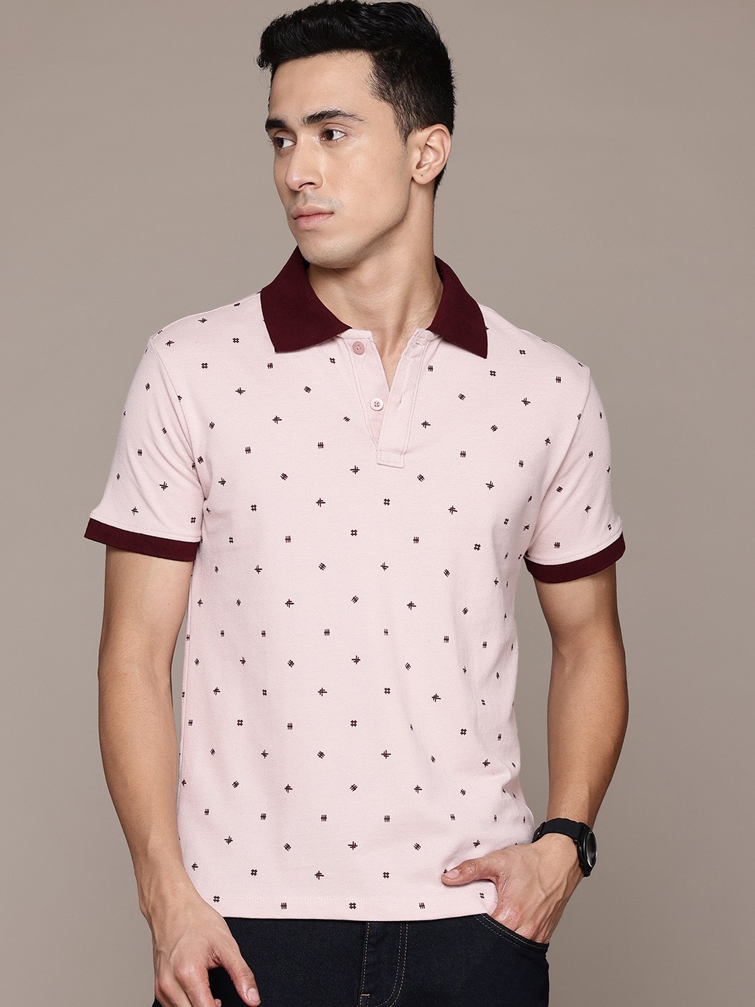 

Roadster Men Printed Polo Collar Pure Cotton T-shirt, Pink