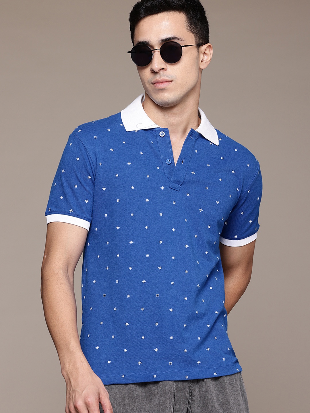 

Roadster Men Printed Polo Collar Pure Cotton T-shirt, Blue