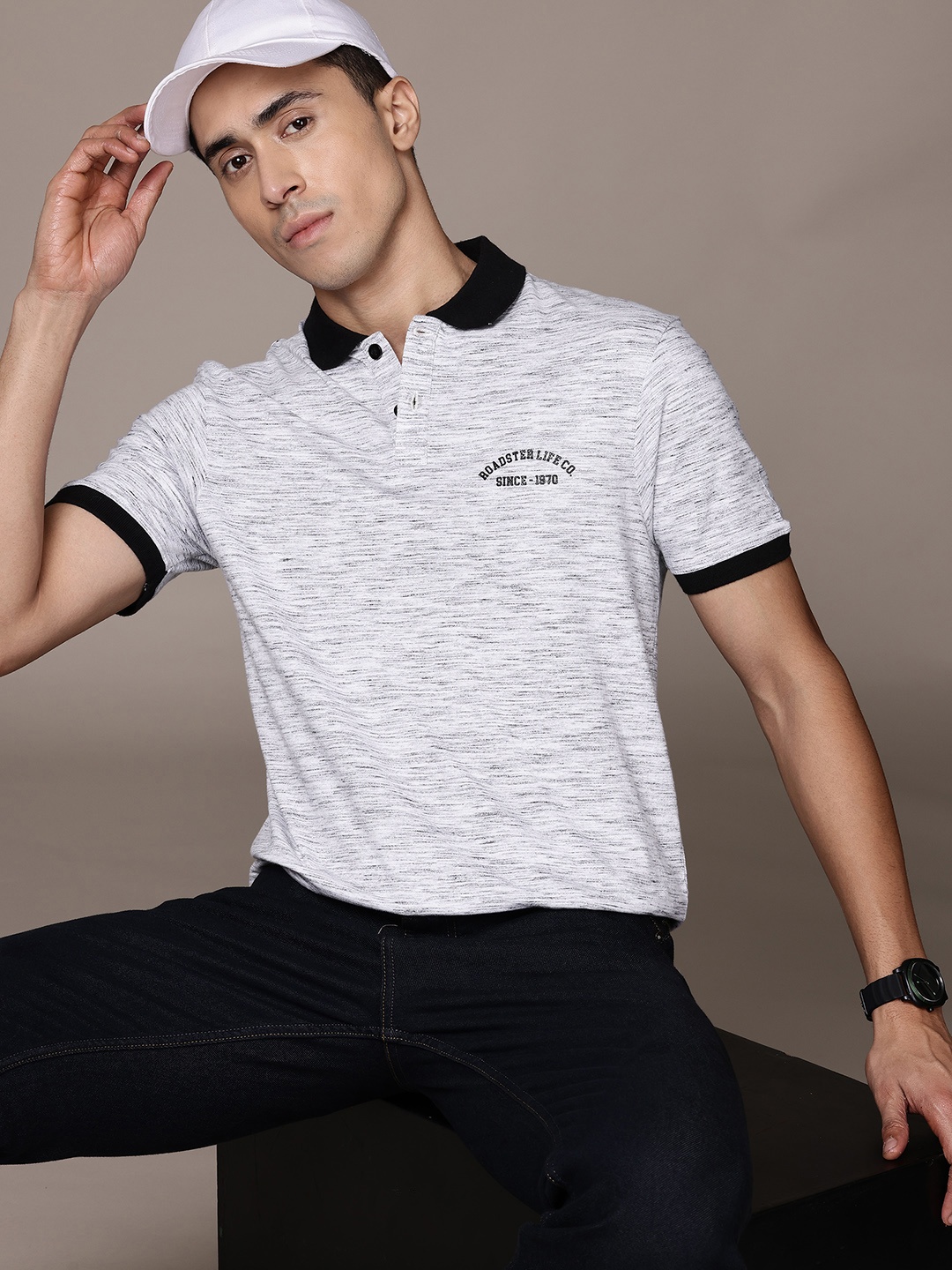 

Roadster Men Brand Logo Printed Polo Collar Pure Cotton T-shirt, Grey melange