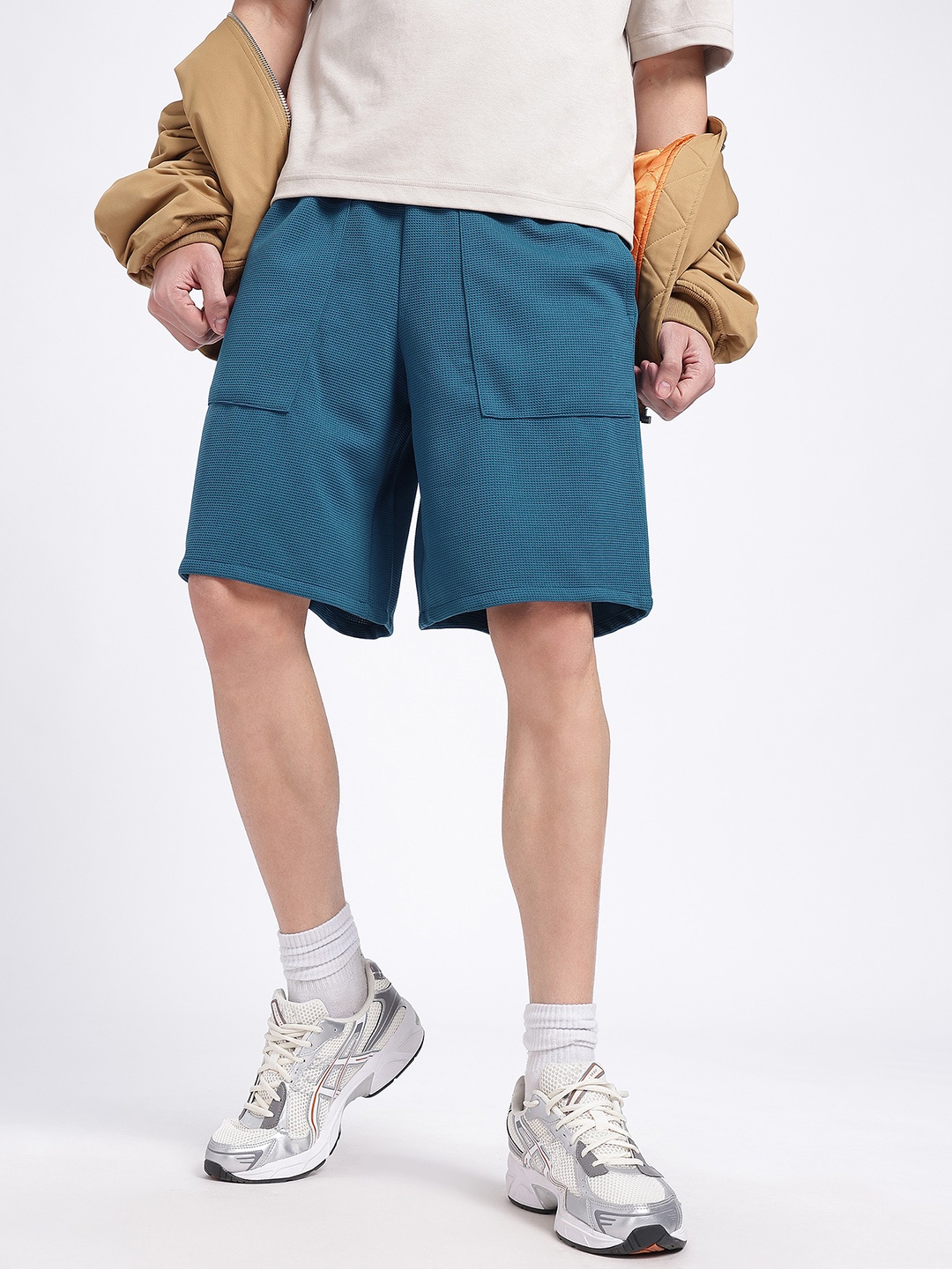 

glitchez Men Waffle Knits Mid-Rise Regular Shorts, Teal