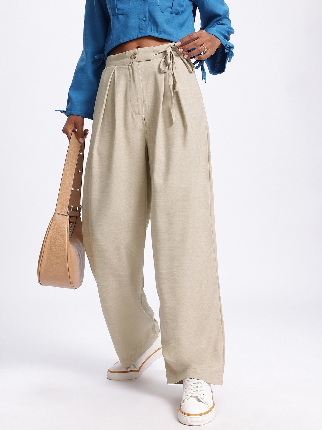 

glitchez Women Tie-Up Equation Wide Leg Pleated Trousers, Beige