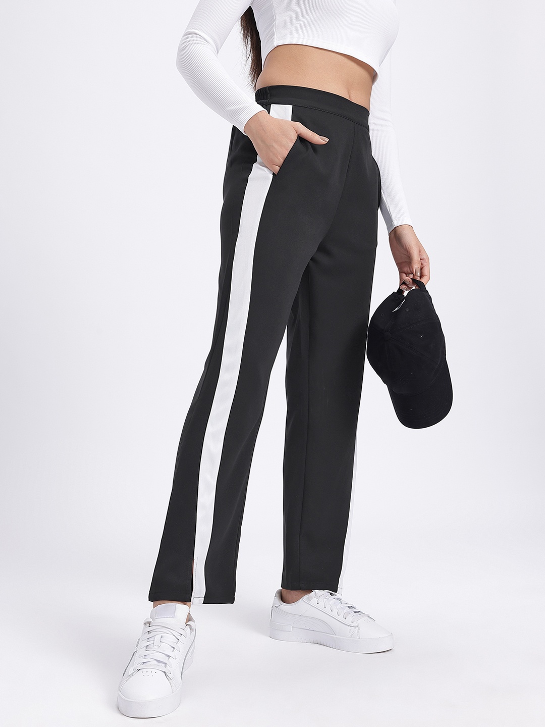 

glitchez Women Chill Monochrome Shift Hem Slit Trousers, Black