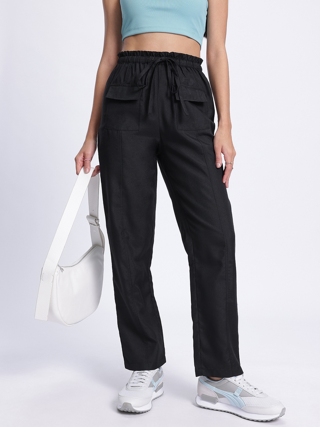 

glitchez Women Basic Staple Paperbag Trousers, Black