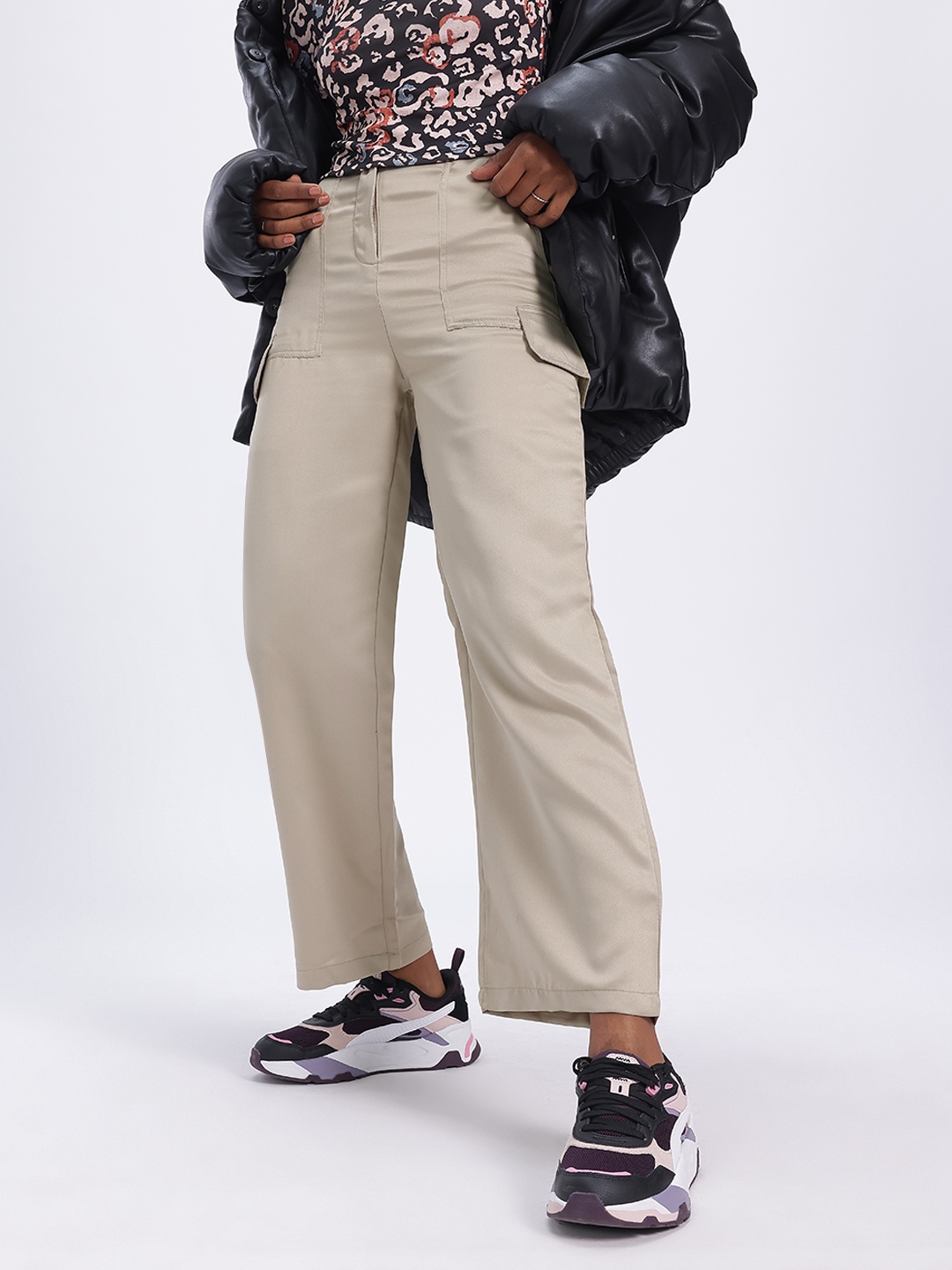 

glitchez Women Everyday Worthy Satin Cargo-Style Cropped Trousers with Mock Pockets, Beige