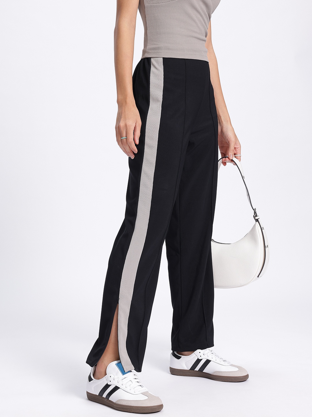 

glitchez Women Striped Revival Trousers With Slit-Detail, Black