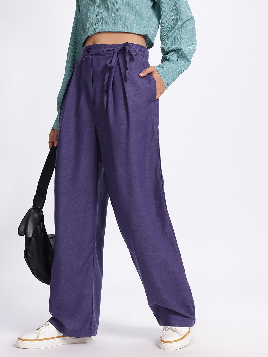 

glitchez Women Flowy Fits High-Rise Pleated Parallel Trousers, Purple