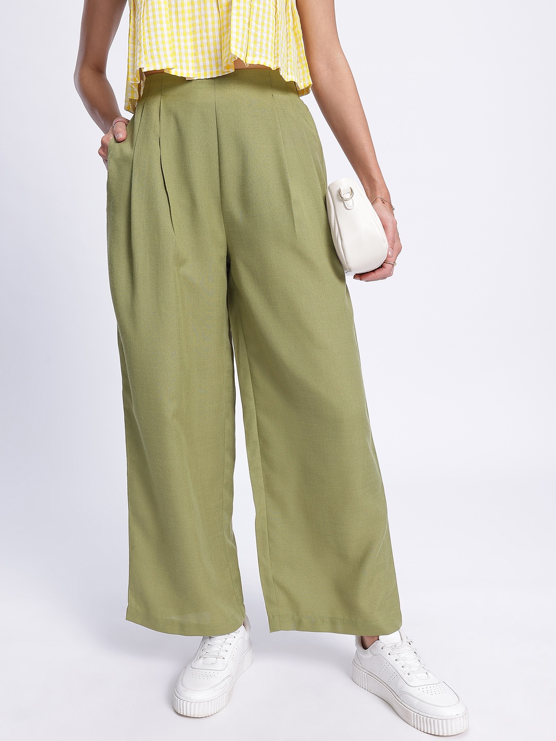 

glitchez Women Wide Leg Statement Pleated Trousers, Olive