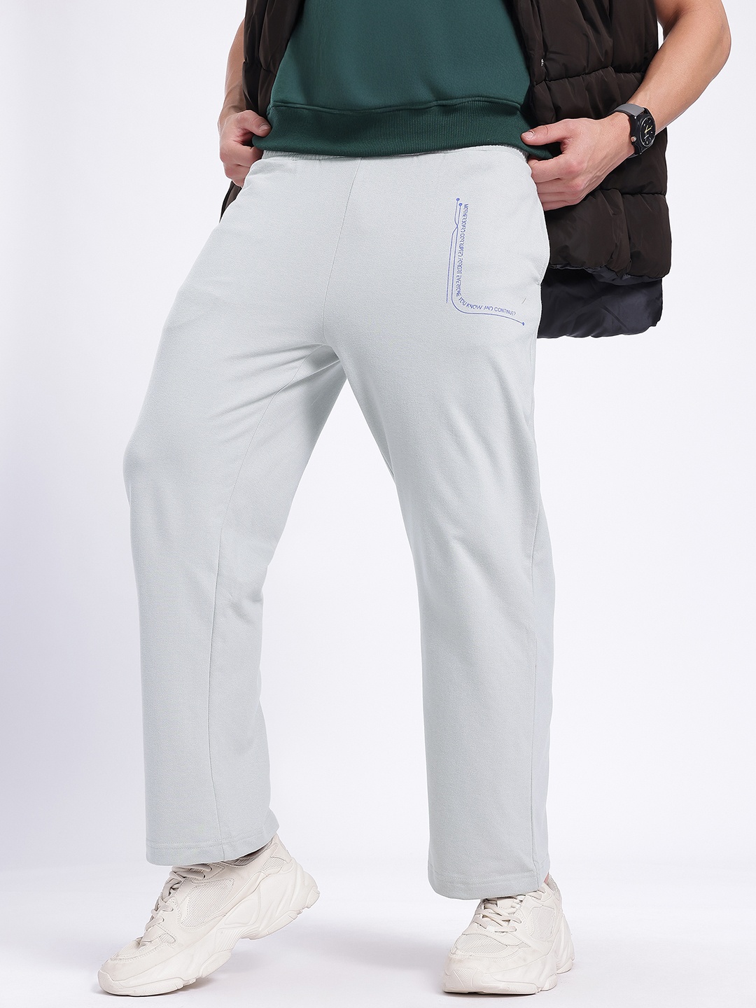 

glitchez Men Knit City Vibes Printed Detail Trousers, Grey