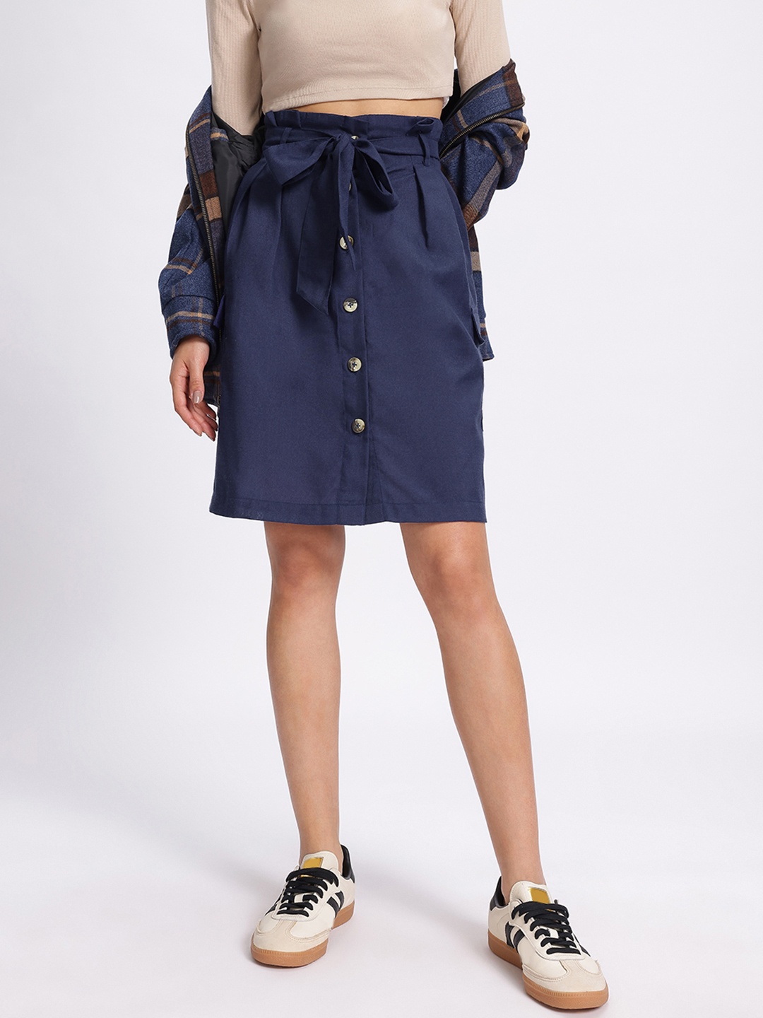 

glitchez Effortless Elegance Belted Above Knee A-Line Dress, Navy blue