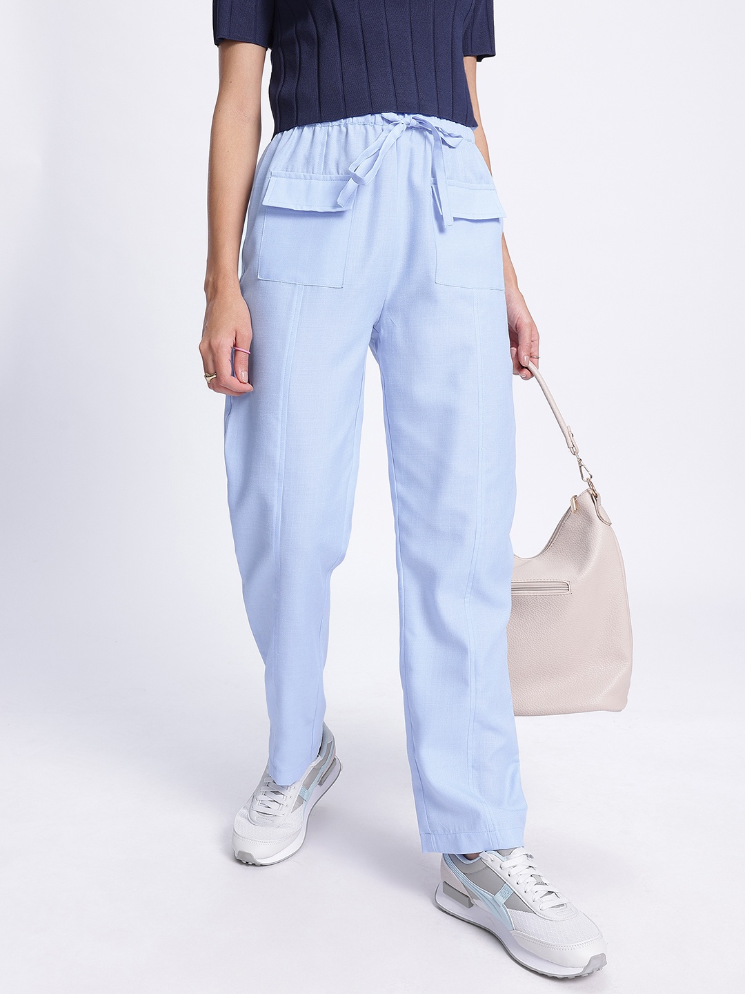

glitchez Women Pocket Power High-Rise Paper Bag Trousers, Blue