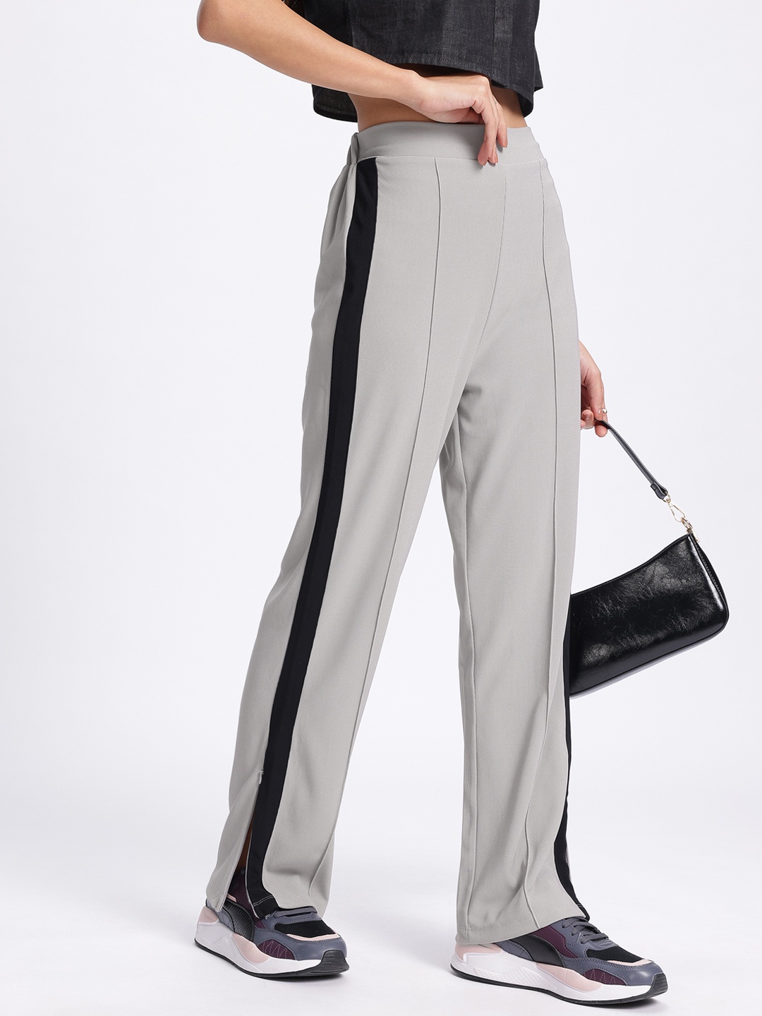 

glitchez Women Striped Luxe Trouser with Slit-Detail, Grey