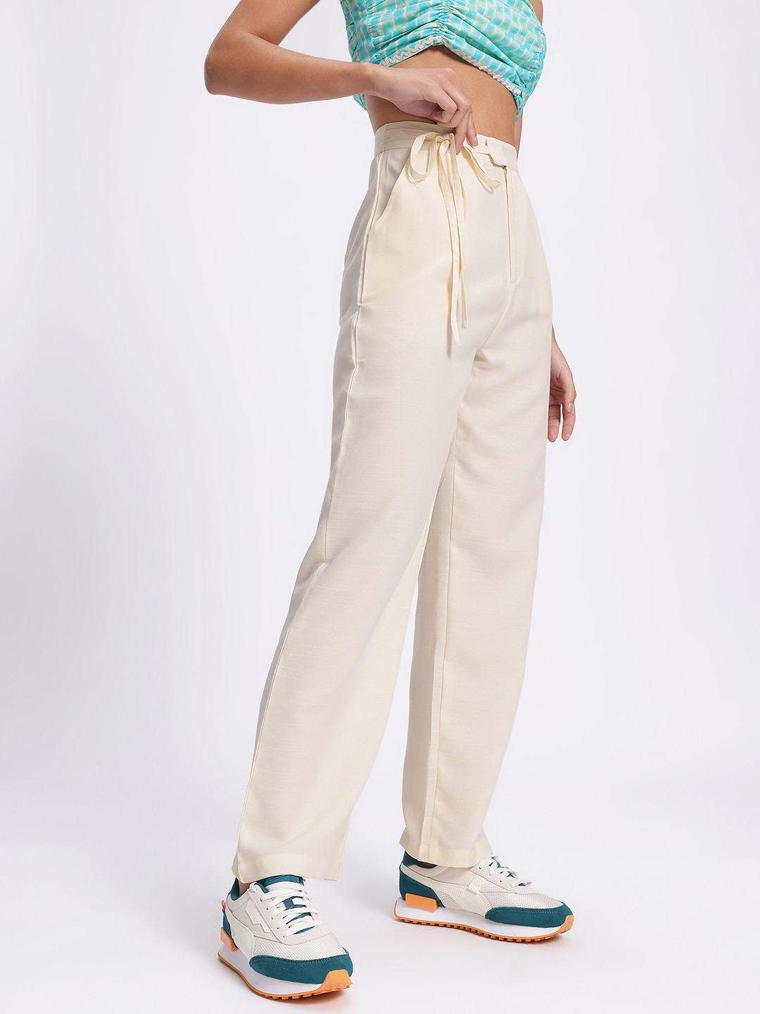 

glitchez Women Basic Staple Tie-Up Waist Trouser, Cream