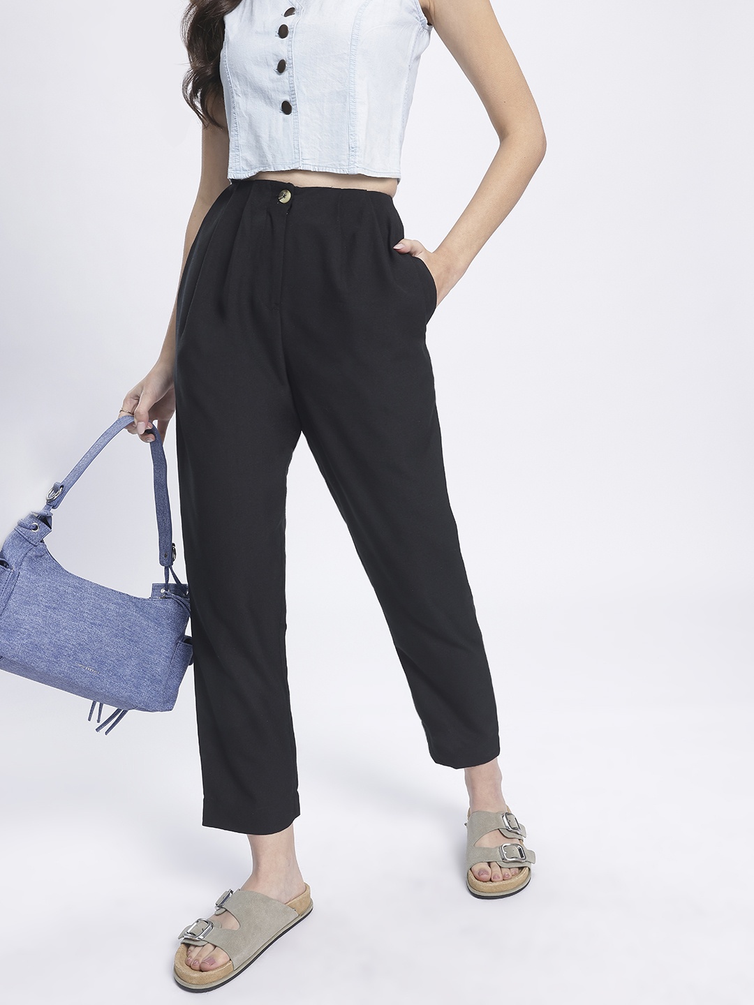 

glitchez Women Elegant Affair Pleated Cropped Trousers, Black