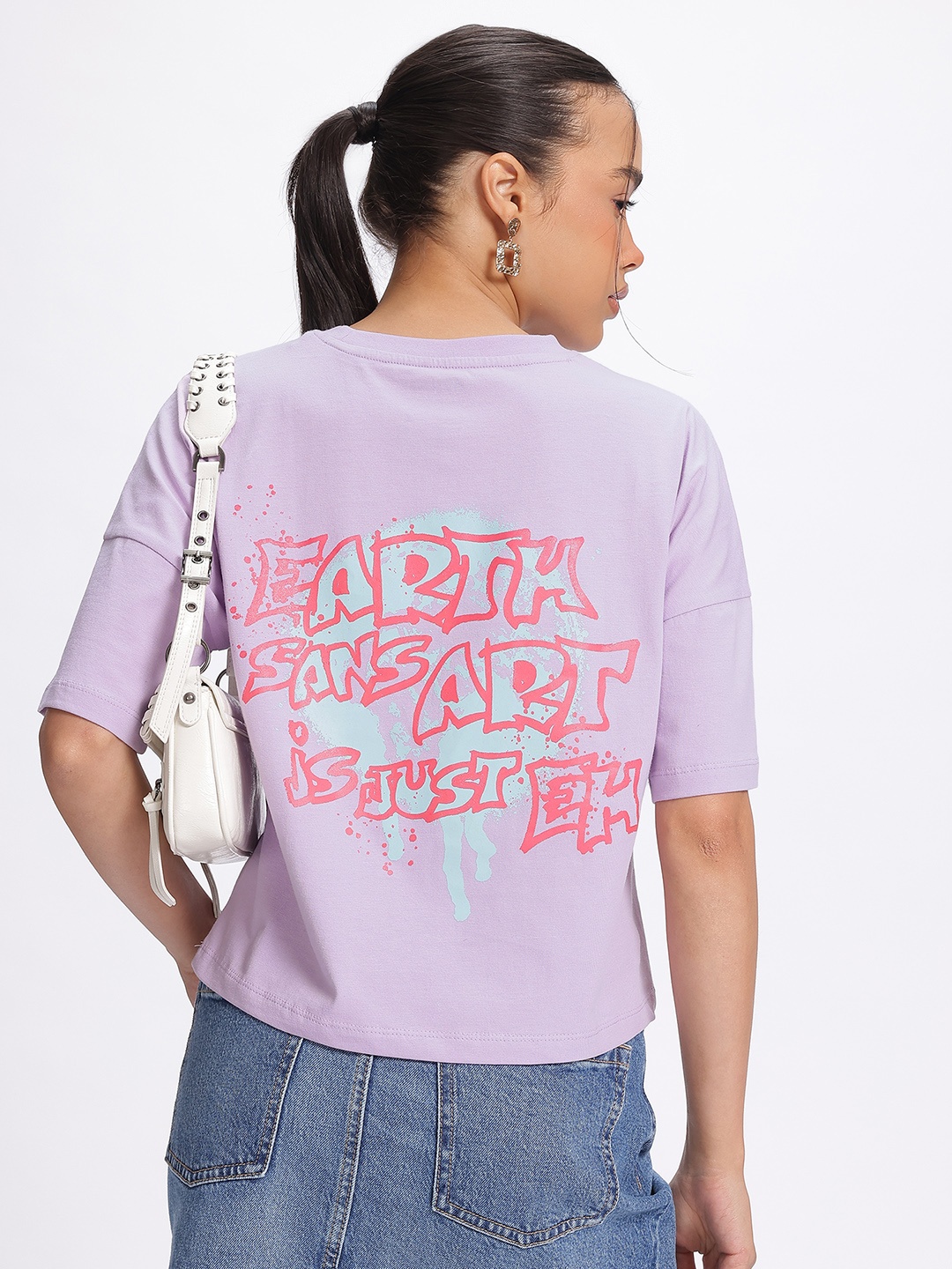 

glitchez Chilling Typography Print Drop-Shoulder Sleeves Pure Cotton Relaxed Fit T-shirt, Purple