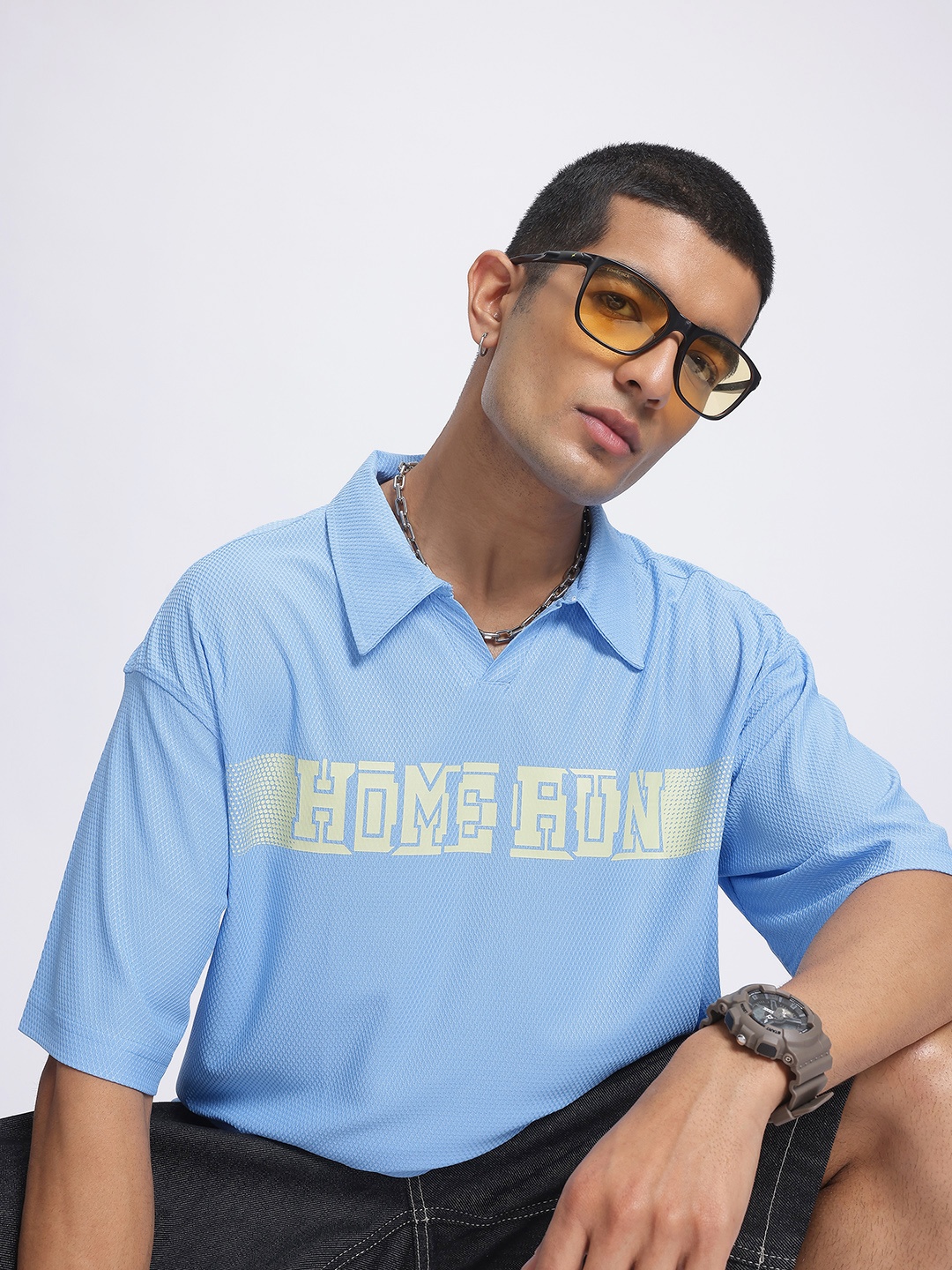 

glitchez Urban Halo Typography Polo Collar T-shirt, Blue