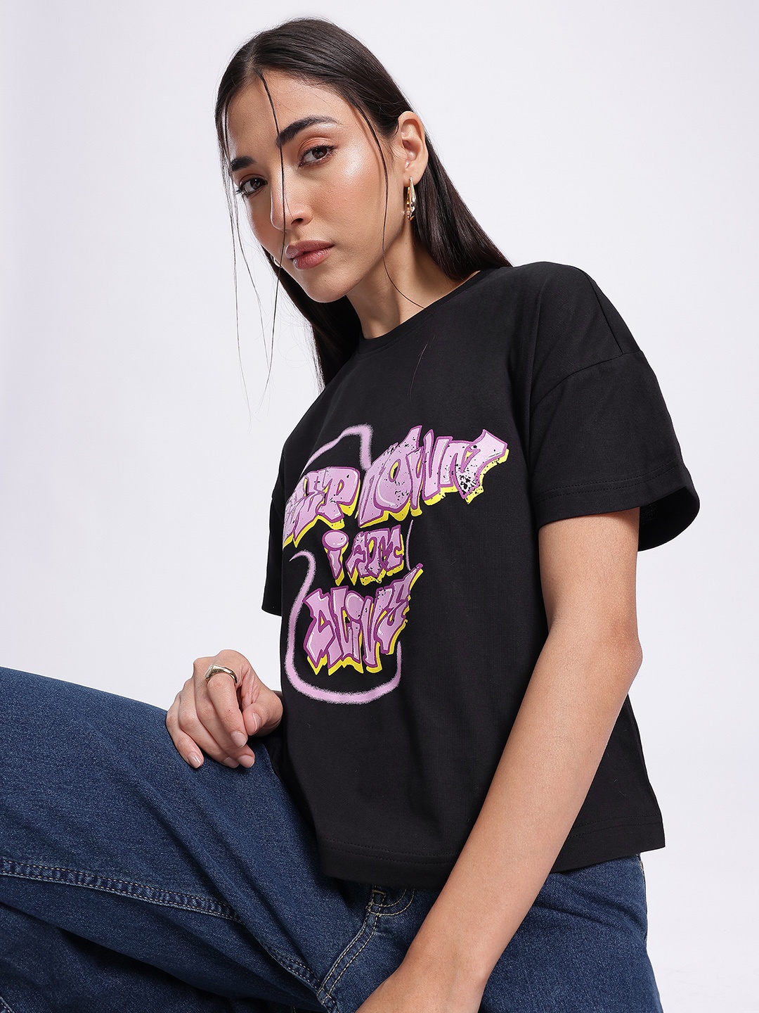 

glitchez Bold Graphics Typo Print Drop-Shoulder T-shirt, Black