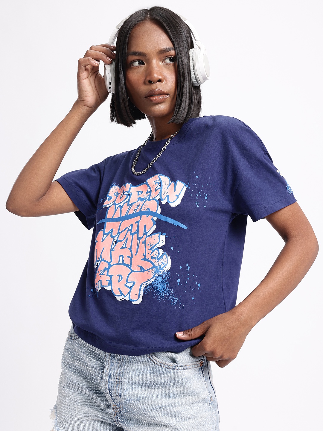 

glitchez Street Typo Drop-Shoulder T-shirt, Navy blue