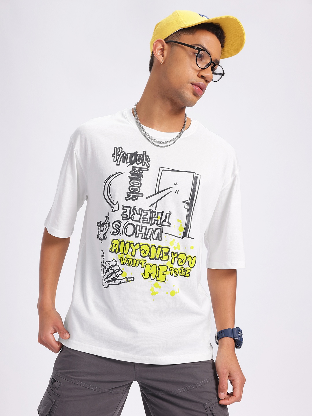 

glitchez Expressive Typography Print Drop-Shoulder Sleeves Pure Cotton T-shirt, White