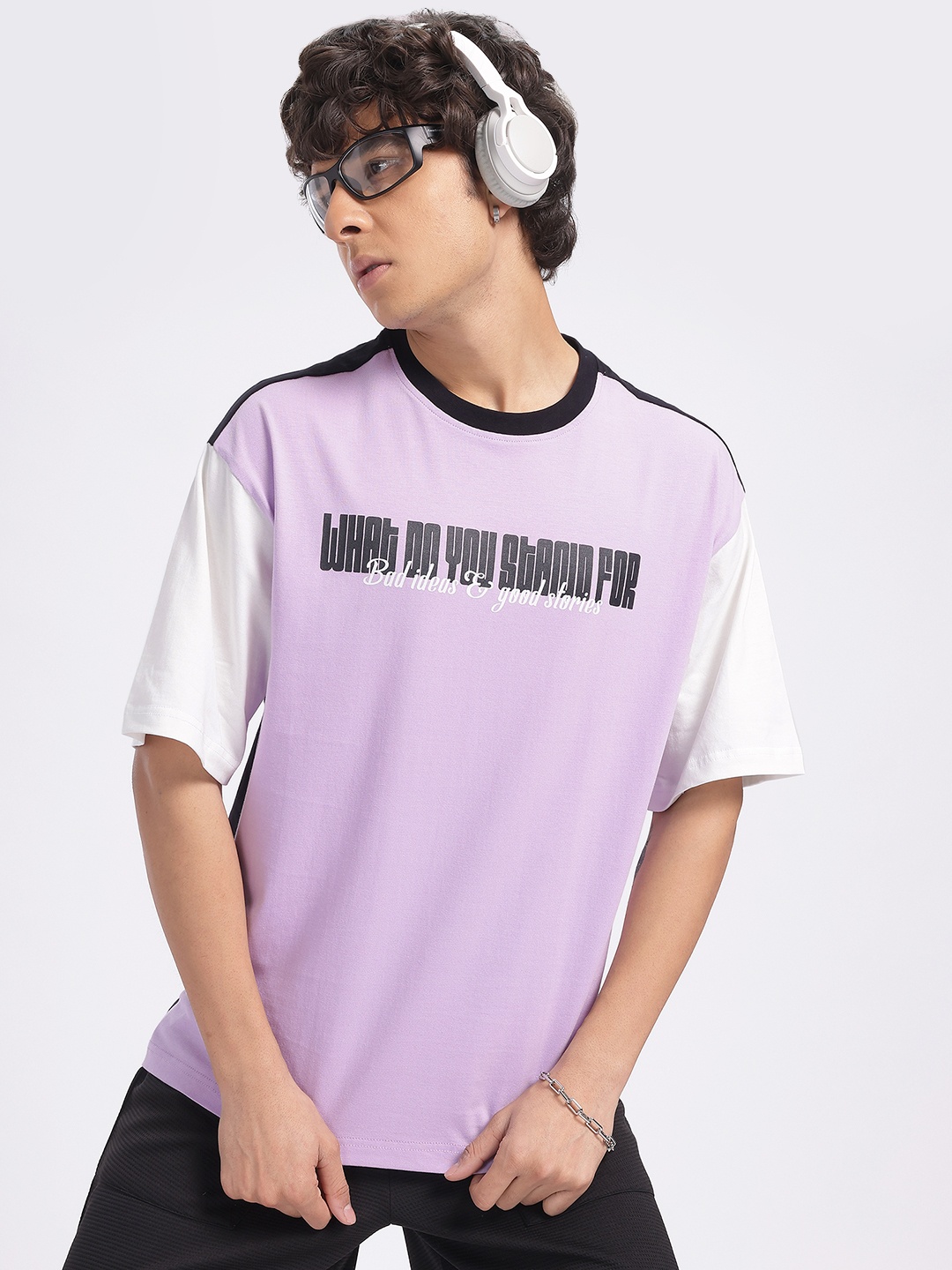 

glitchez Always Vibing Typography Print Drop-Shoulder Sleeves Pure Cotton T-shirt, Lavender