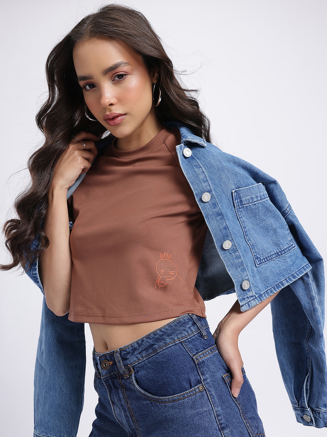

glitchez Raglan Rebel Print Detail Crop T-shirt, Brown