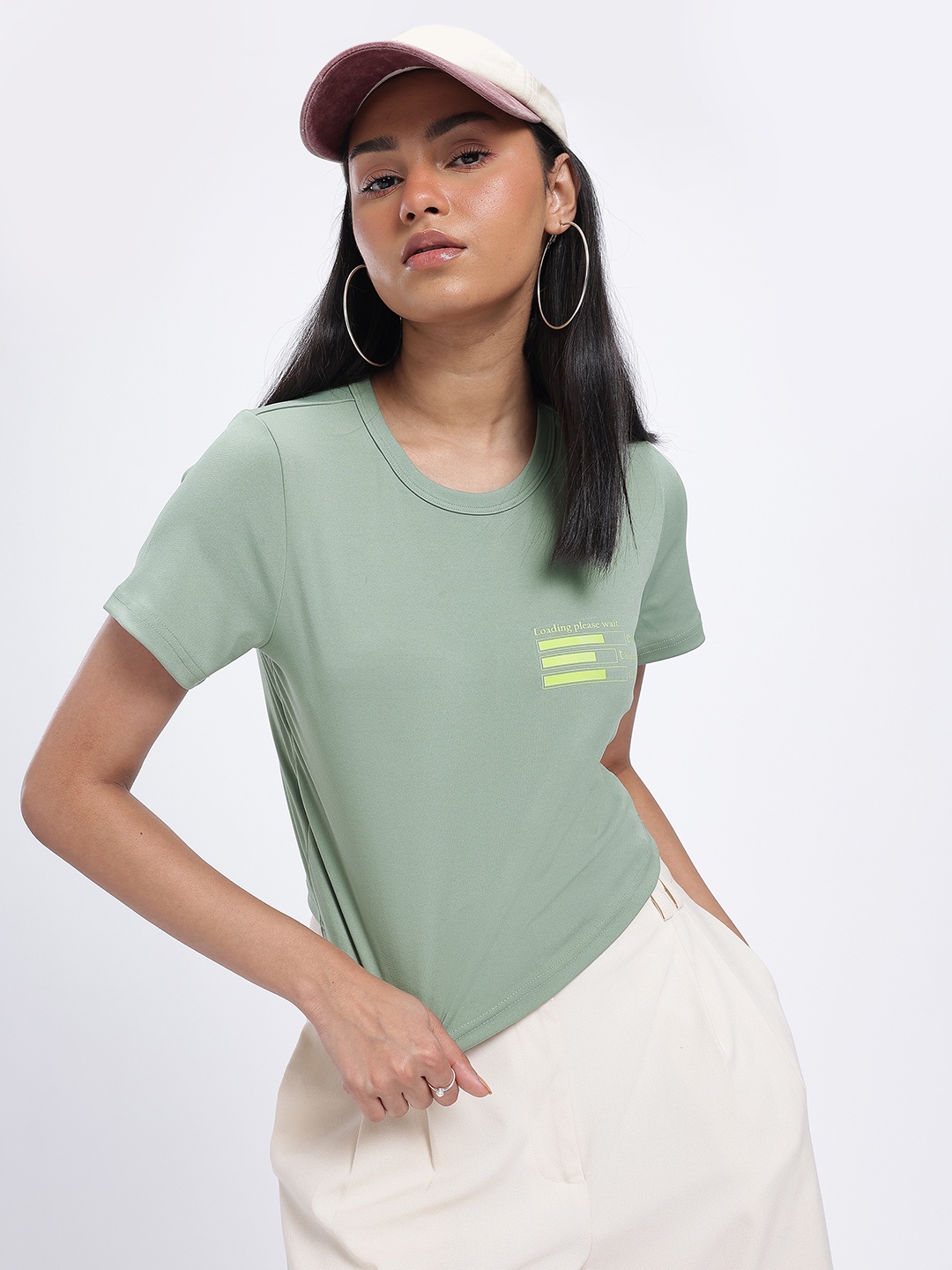 

glitchez Humor Hustle Typo Print Cropped T-shirt, Green
