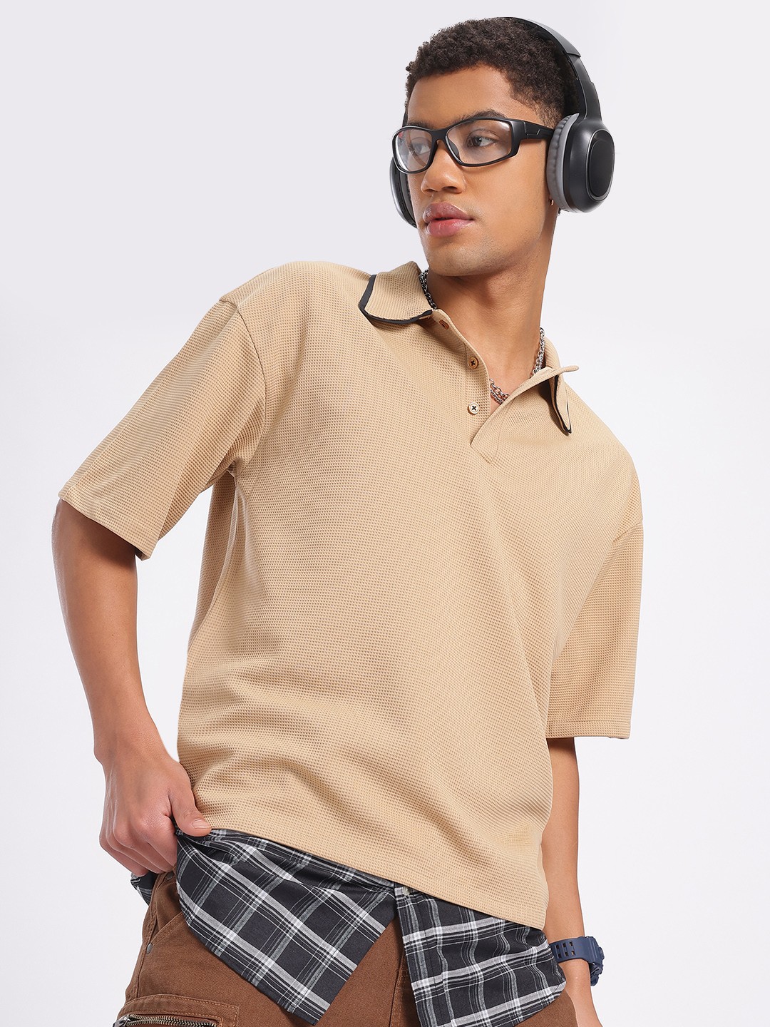 

glitchez Knit Kraze Drop-Shoulder Relaxed Polo Tee, Beige