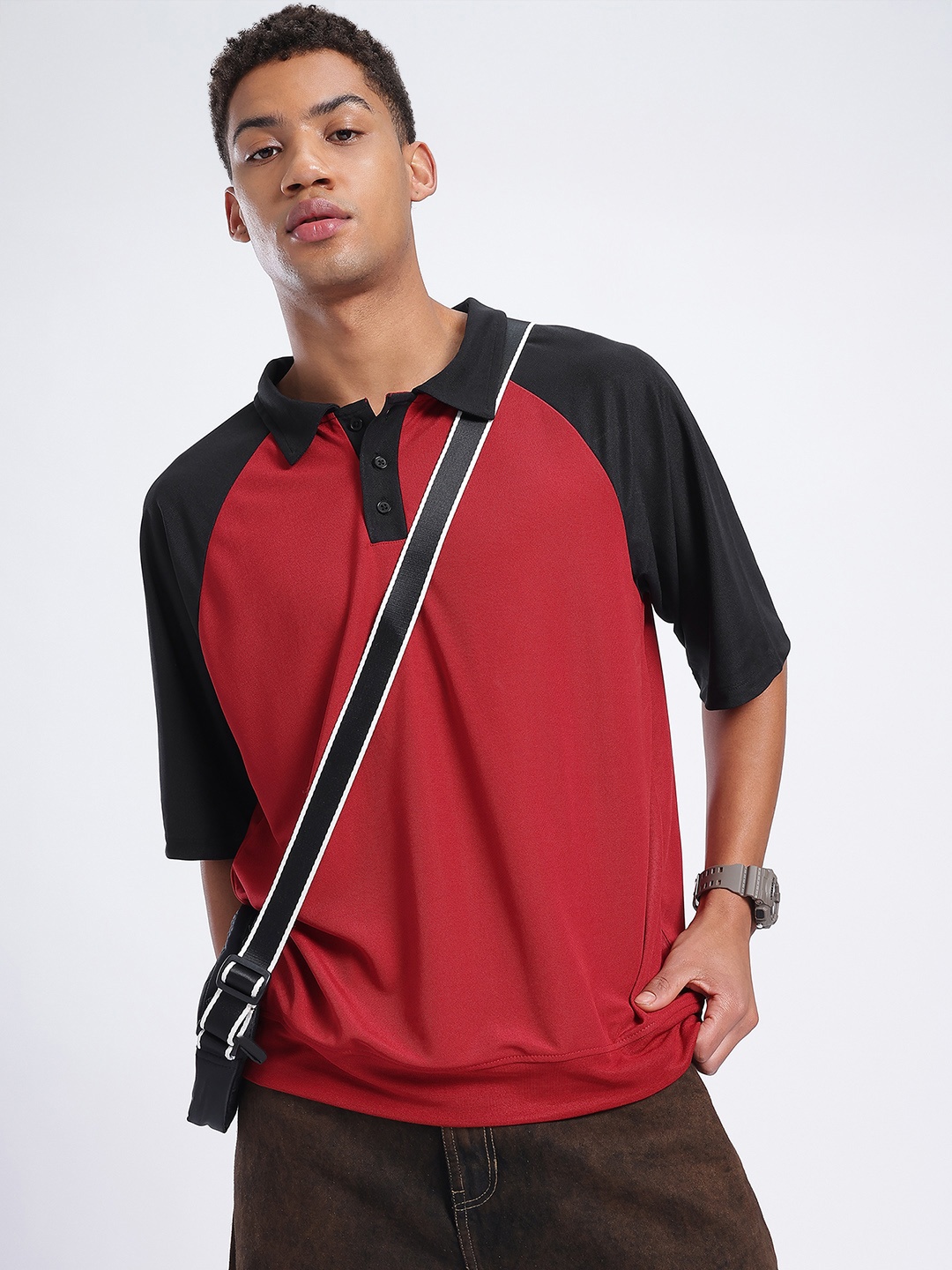 

glitchez Comfy Couture Colourblocked Regular Fit Polo Collar T-shirt, Red