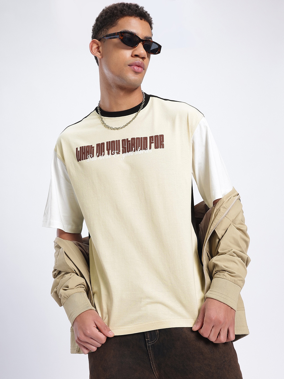 

glitchez Vivid Textual Design Drop-Shoulder Sleeves Pure Cotton T-shirt, Beige