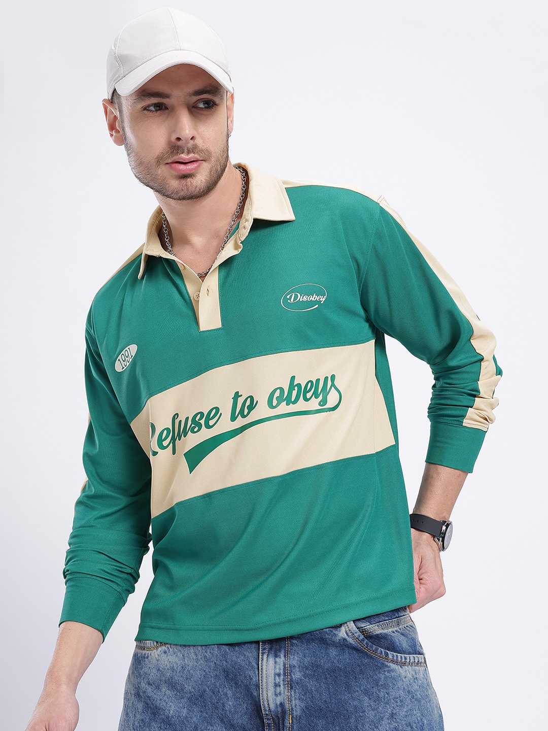 

glitchez Powerful Typo Colourblocked Regular Fit Polo Collar T-shirt, Green