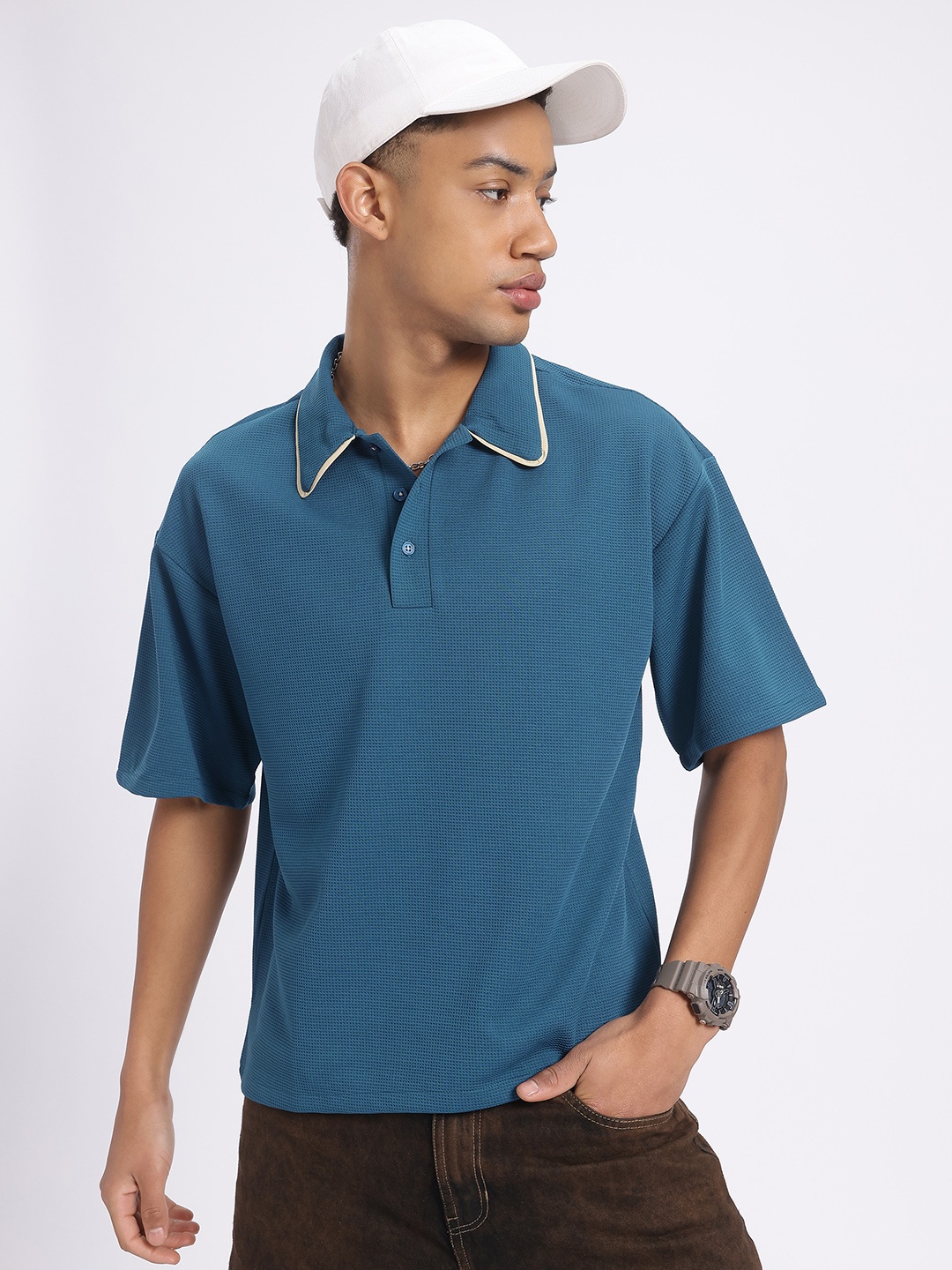 

glitchez Teal Tease Polo Edge Waffle Knit Comfort T-Shirt