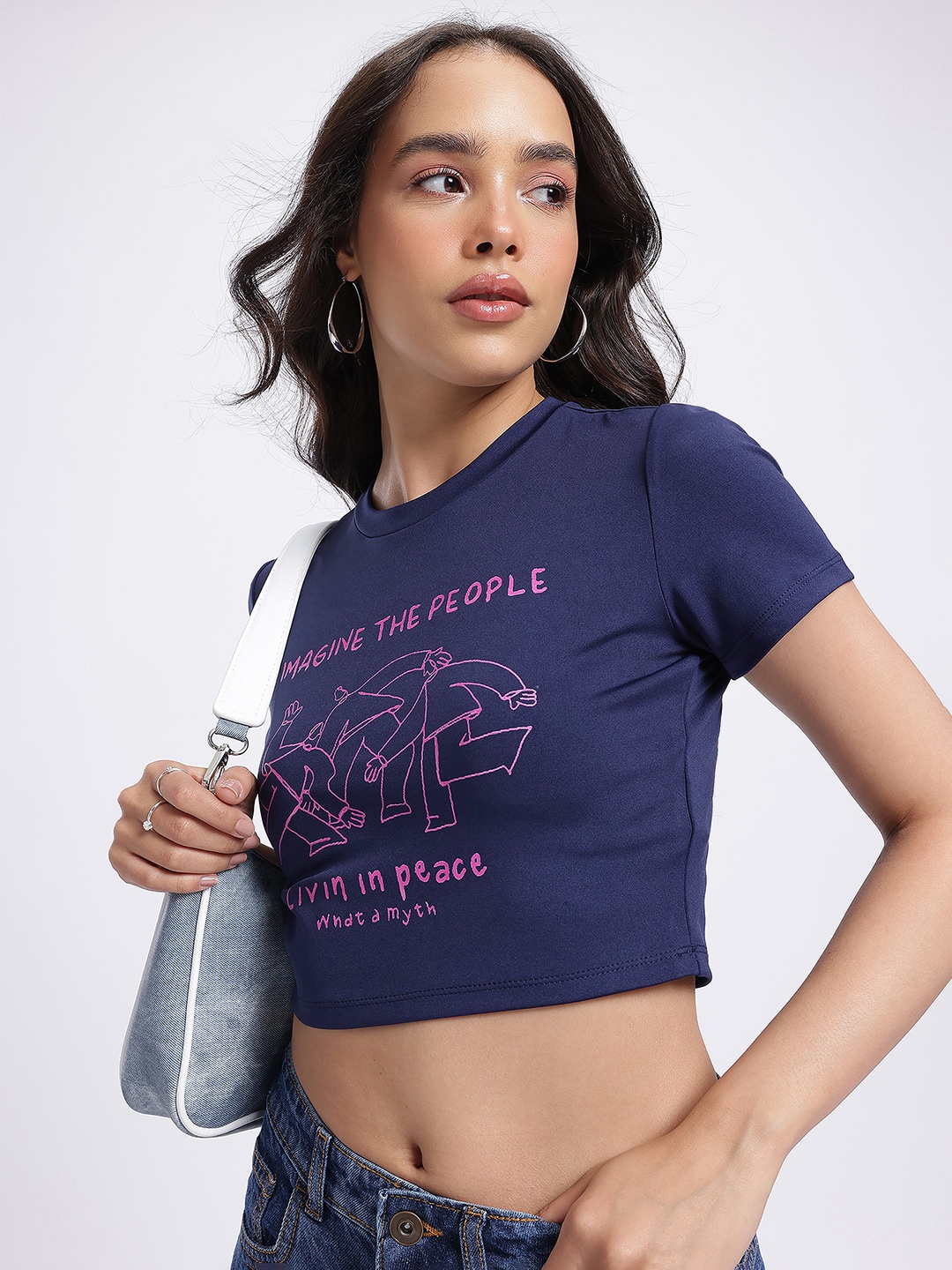 

glitchez Say It Loud Printed Crop T-shirt, Navy blue