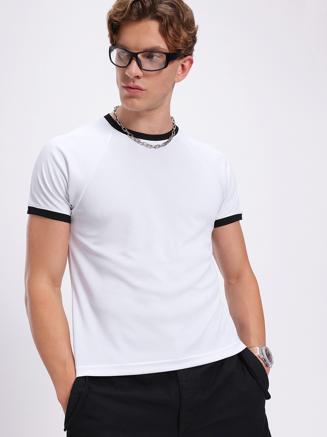 

glitchez Basic Essentials Contrast Trim Raglan Sleeve Tee, White