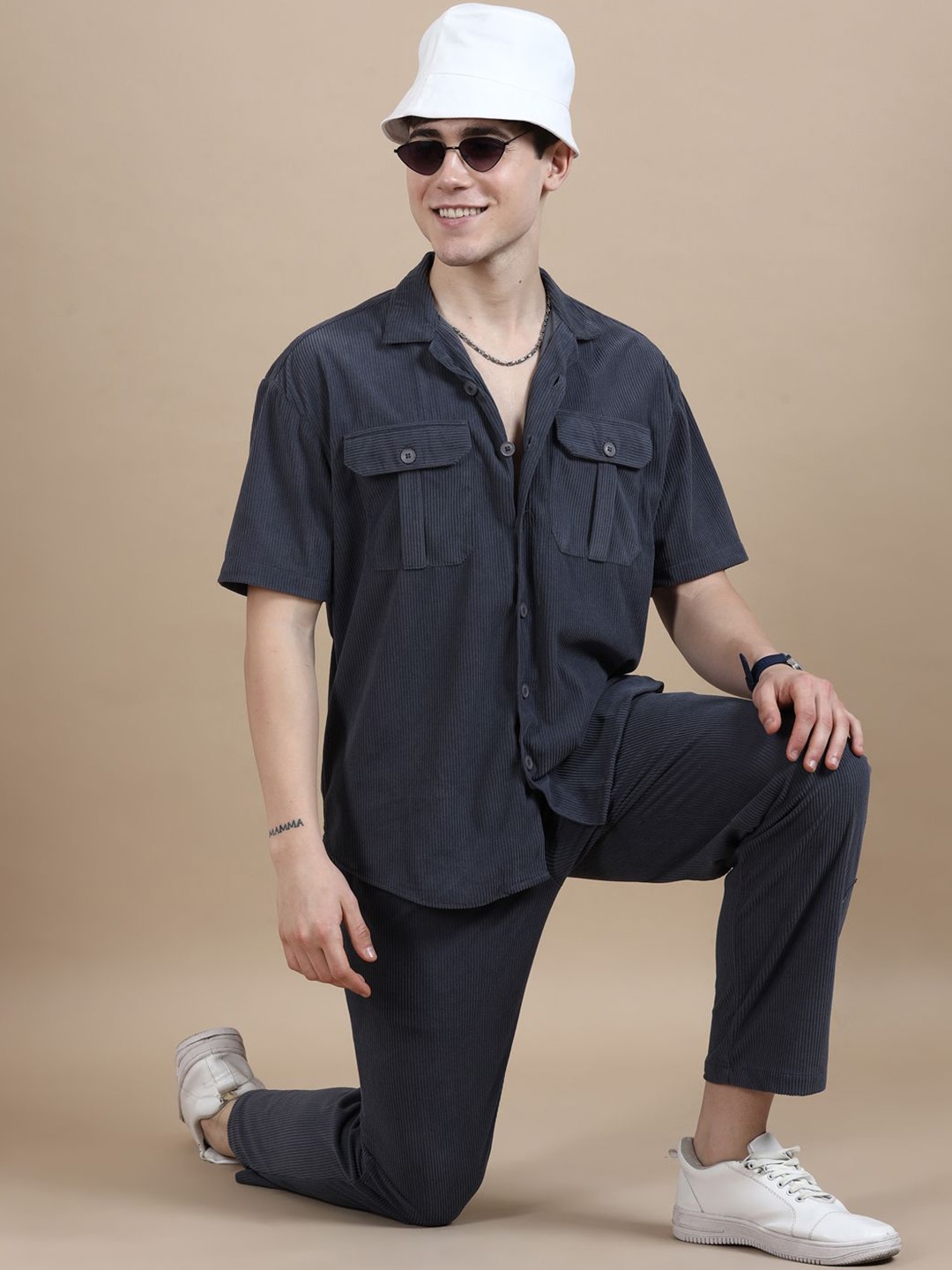 

Bushirt Striped Shirt Collar Night suits, Navy blue
