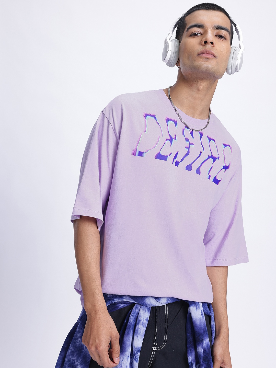 

glitchez Dreamy Desires Printed Drop-Shoulder Sleeves Pure Cotton T-shirt, Lavender